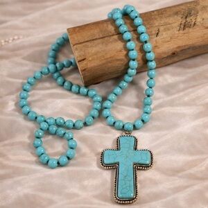 Turquoise Natural Stone Beads Bohemian Western Cross Necklace